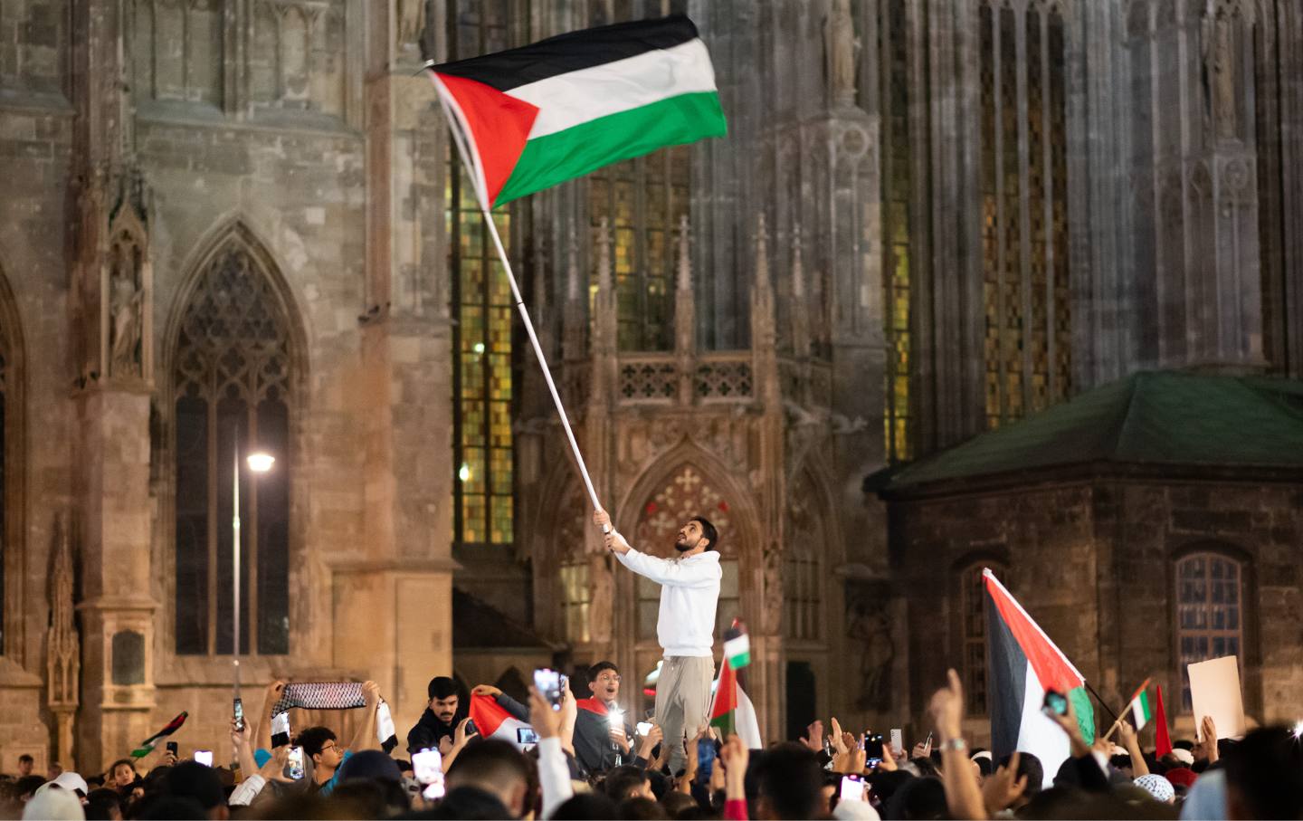 Demonstrators gather to show their solidarity with Palestine despite Austrian Police prohibiting the gathering on October 11, 2023, in Vienna, Austria.