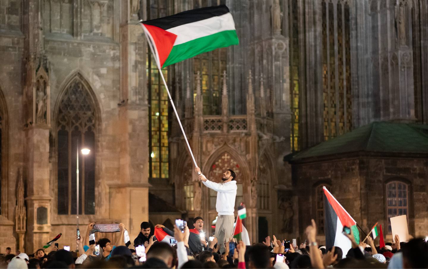 Demonstrators gather to show their solidarity with Palestine despite Austrian Police prohibiting the gathering on October 11, 2023 in Vienna, Austria.