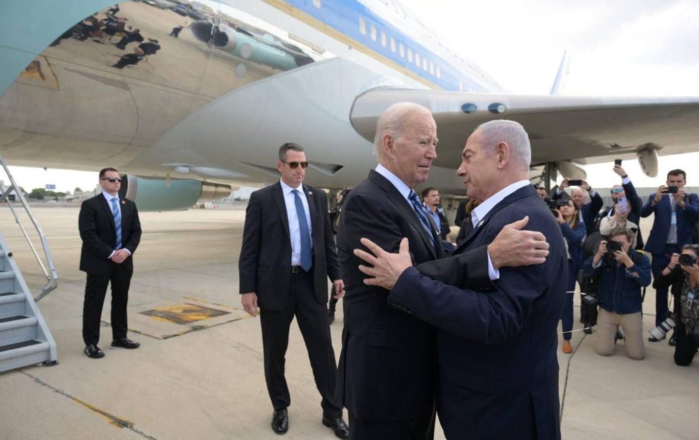 US President Joe Biden is welcomed by Prime Minister Benjamin Netanyahu at the Ben Gurion Airport in Tel Aviv, Israel, on October 18, 2023.
