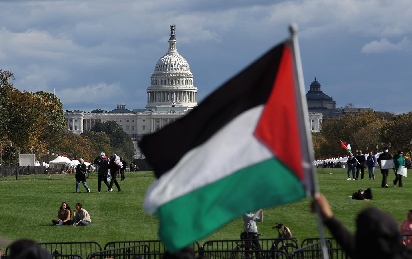 A pro-Palestinian protester waves a Palestinian flag on the National Mall during a demonstration calling for a cease-fire in Gaza on October 21, 2023, in Washington, D.C.