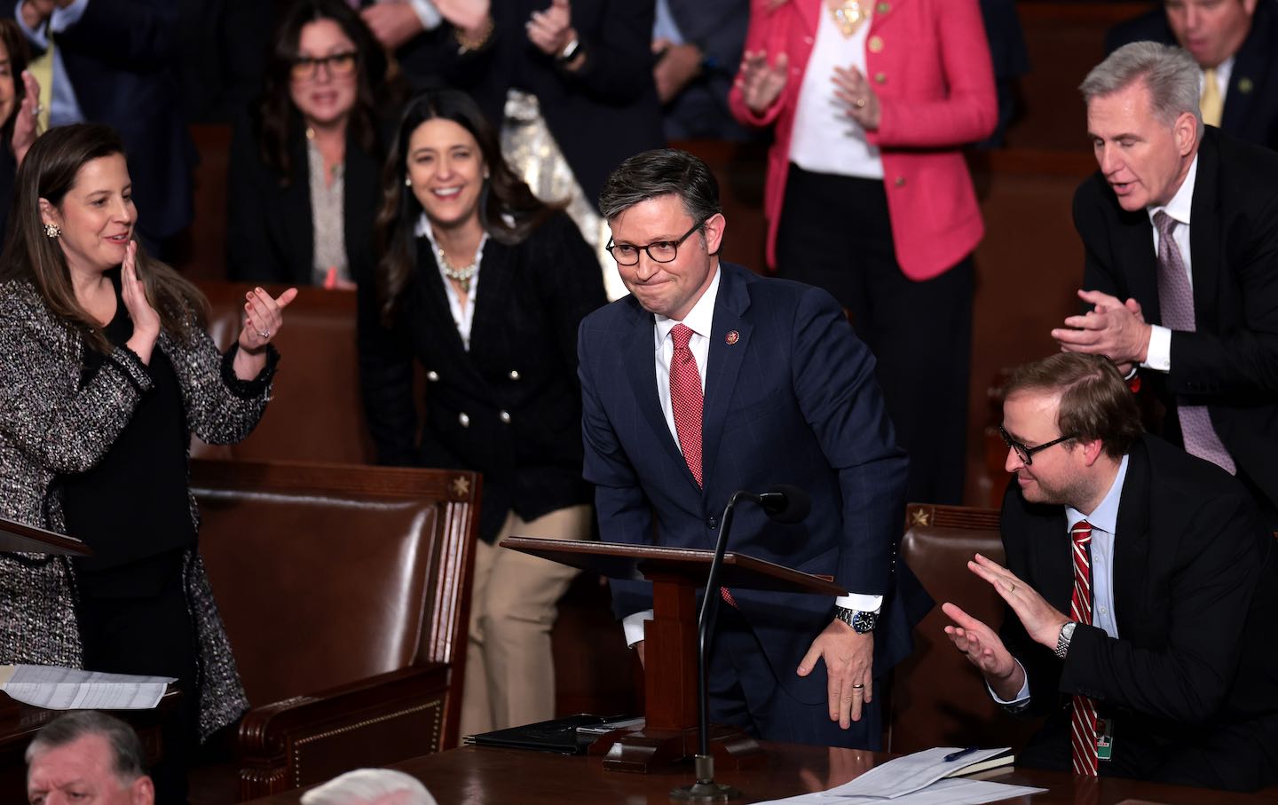 House Republicans applaud as US Representative Mike Johnson (R-La.) is elected the new speaker of the House at the US Capitol on October 25, 2023, in Washington, D.C.