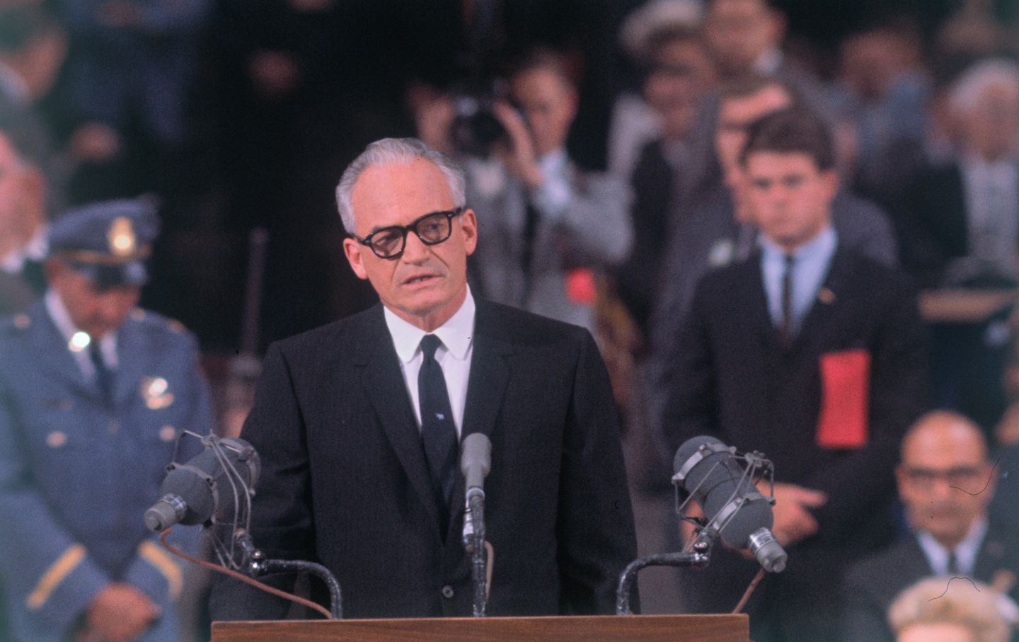 Senator Barry Goldwater, Republican nominee for the presidency, makes his formal acceptance speech as he addresses the Republican National Convention in the Cow Palace here today, July 16.