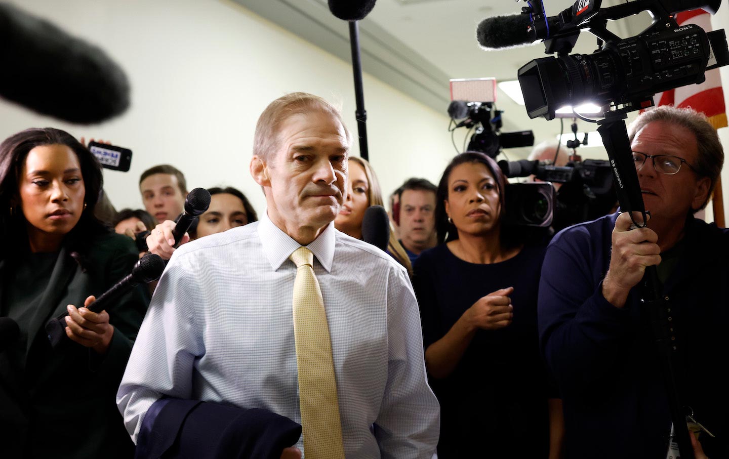 Representative Jim Jordan (R-Ohio) arrives at his office in the Rayburn House Office Building on October 19, 2023, in Washington, D.C.