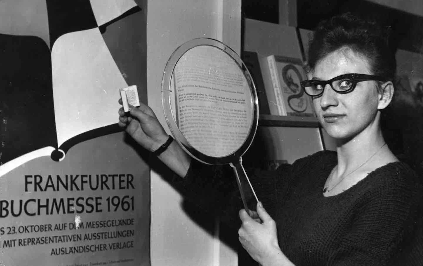 The smallest book in the world is on display at the Frankfurt Book Fair, 1961.