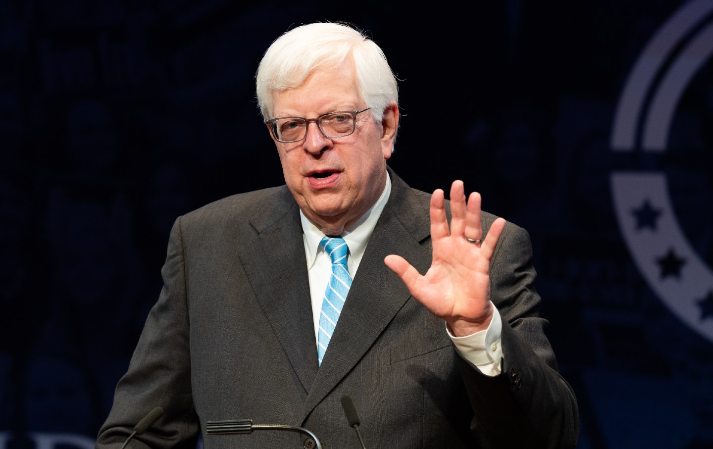 Dennis Prager, conservative radio talk show host and writer, speaks at a Turning Point USA summit.