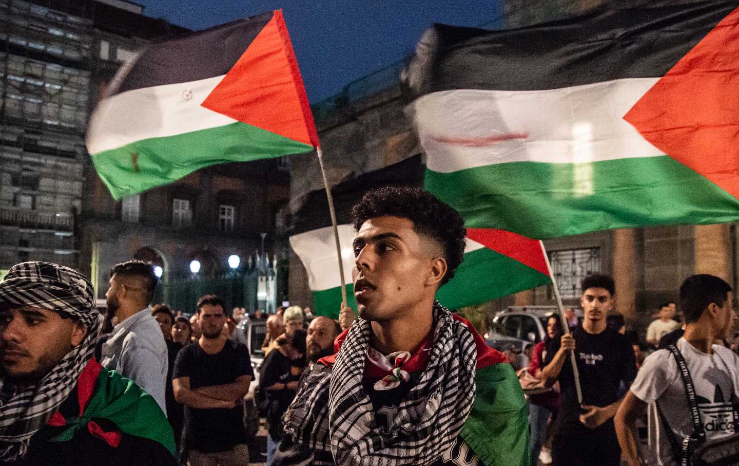 Demonstrators protest the bombing on Gaza on October 20, 2023.