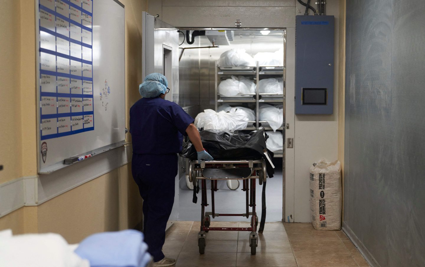 Chief Medical Examiner of Webb County, Dr. Corinne Stern’s autopsy assistant moves the body of an unidentified migrant to the autopsy room in Laredo, Tex., on October 12, 2022.