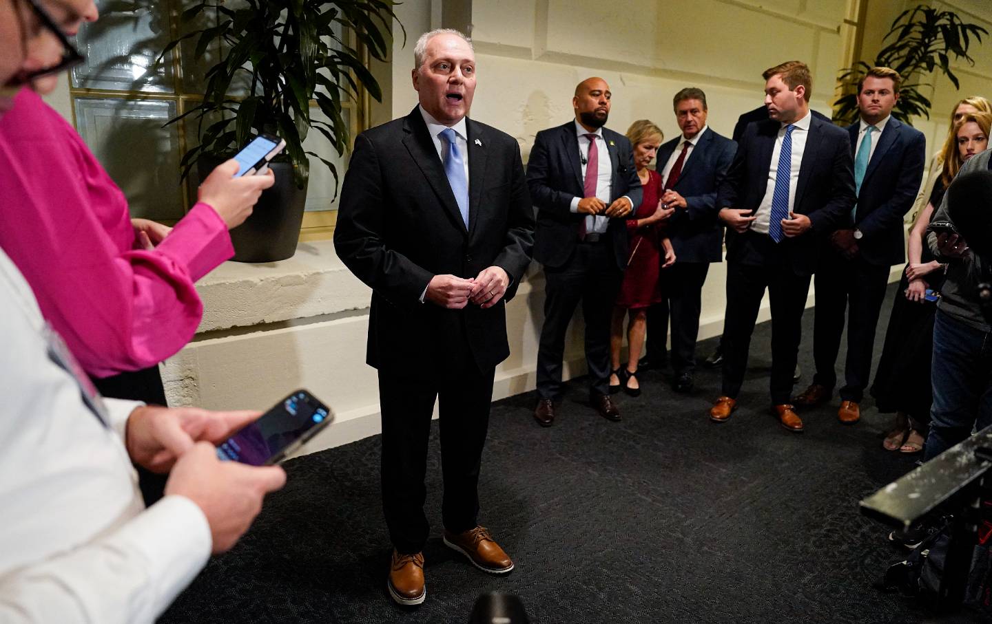 House majority leader Steve Scalise (R-La.) announces that he is pulling out of the race to become speaker following a House Republican Conference meeting on Capitol Hill on Thursday evening, October 12, 2023, in Washington, D.C.