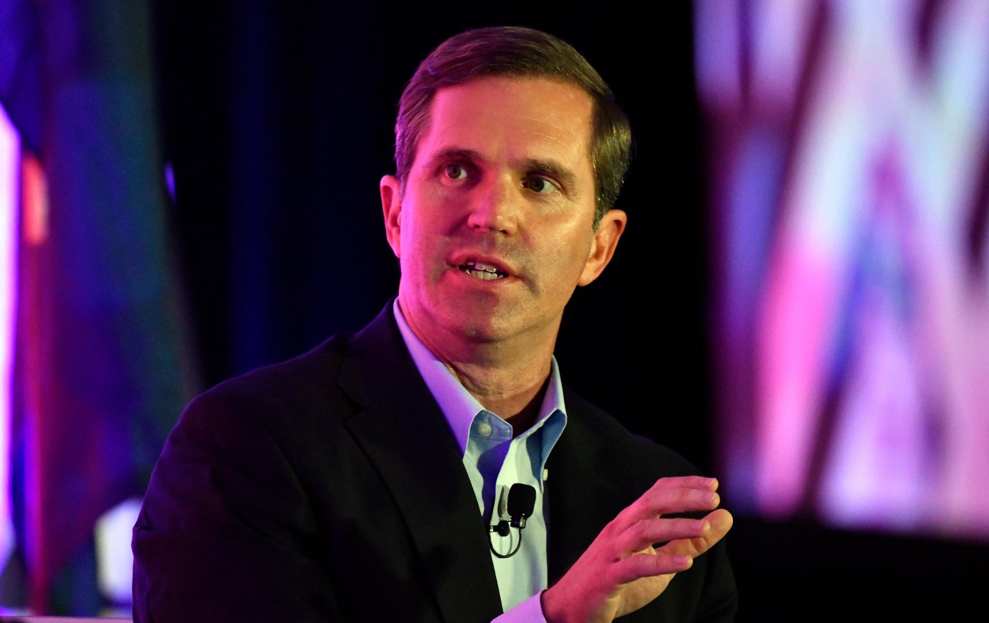 Kentucky Gov. Andy Beshear responds to a question from the moderator during the Gubernatorial Forum at the 2023 Kentucky Chamber of Commerce annual meeting dinner in Louisville, Ky., Wednesday, Sept. 20, 2023.