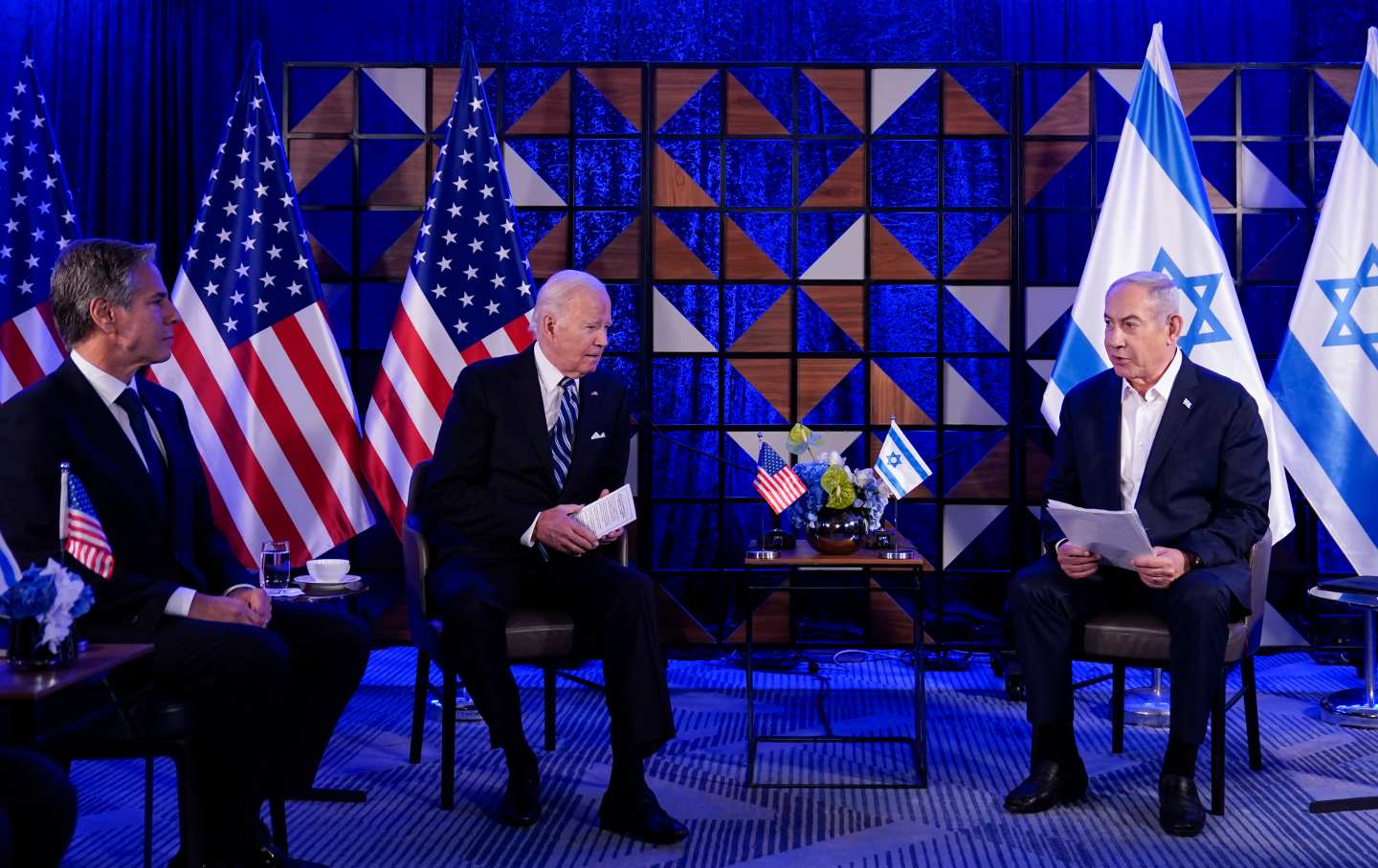 Israeli Prime Minister Benjamin Netanyahu speaks as he meets with President Joe Biden, Wednesday, Oct. 18, 2023, in Tel Aviv, as U.S.. Secretary of State Antony Blinken, looks on, left.