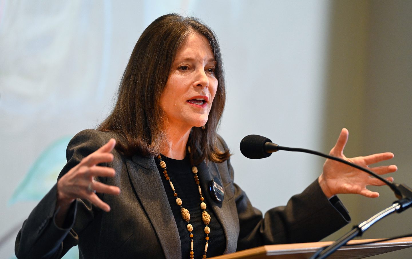 Democratic presidential candidate Marianne Williamson addresses the crowd at The Interfaith Center for Spiritual Growth, Sunday, Sept. 10, 2023, in Ann Arbor, Mich.