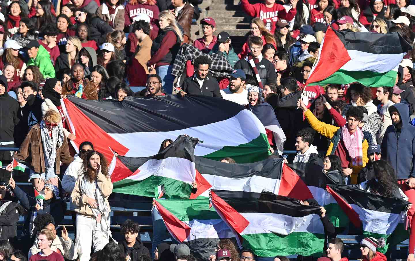 Harvard Crimson students protests for Palestine during the game as the Harvard Crimson take on the Yale Bulldogs on November 18, 2023 at the Yale Bowl, Class of 1954 Field in New Haven, CT
