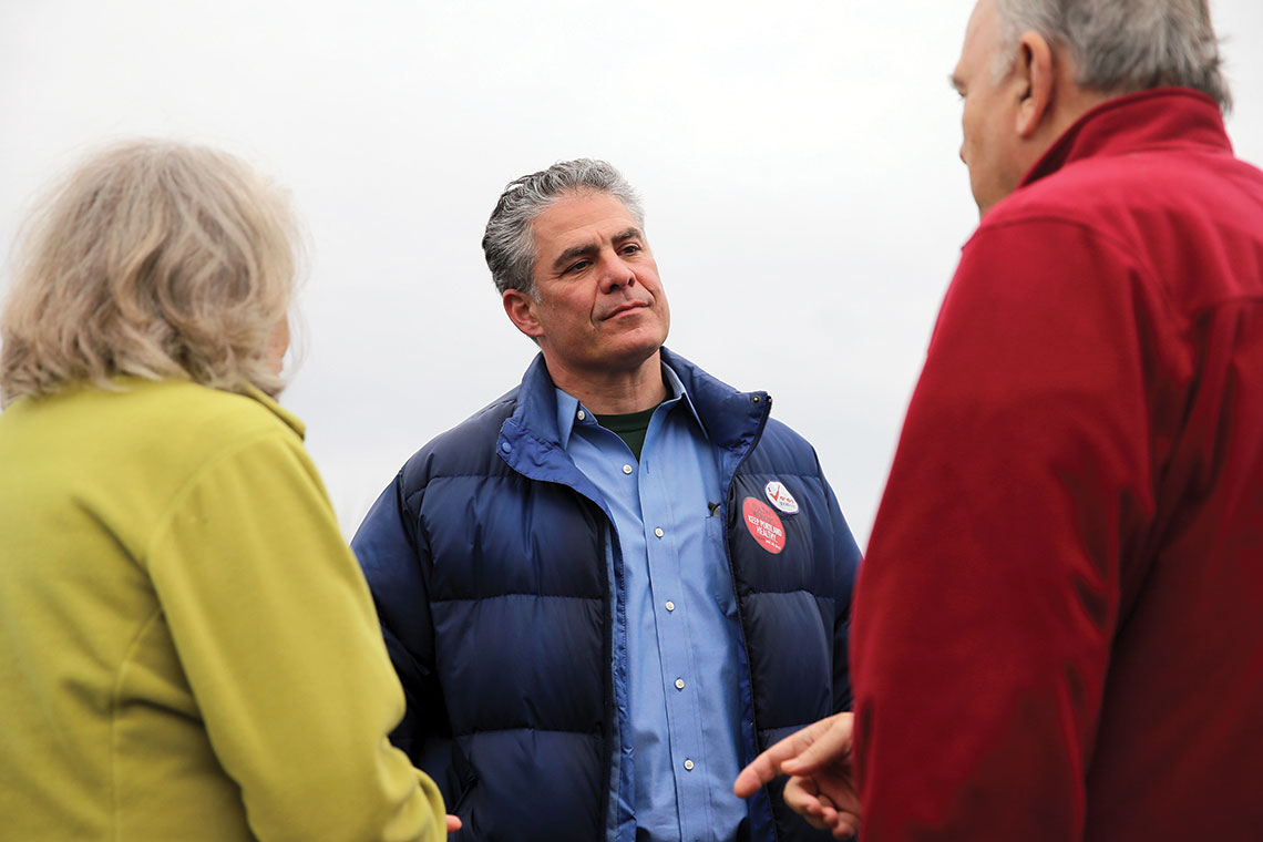 Former Portland mayor Ethan Strimling speaking to voters outside a polling location on Election Day 2019.