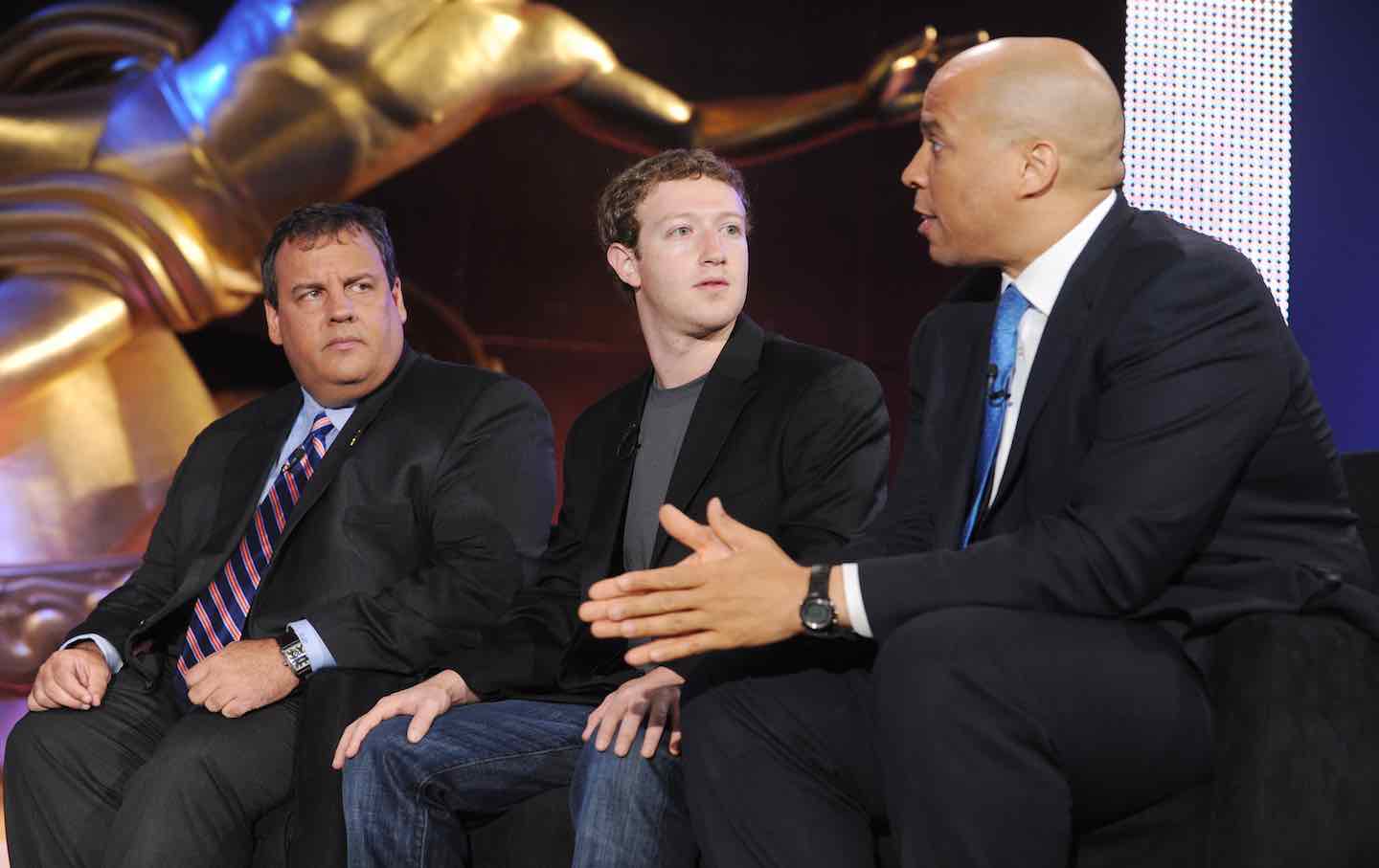 New Jersey Governor Chris Christie, Facebook CEO Mark Zuckerberg, and Newark Mayor Cory Booker at an educational summit at Rockefeller Plaza, 2010.