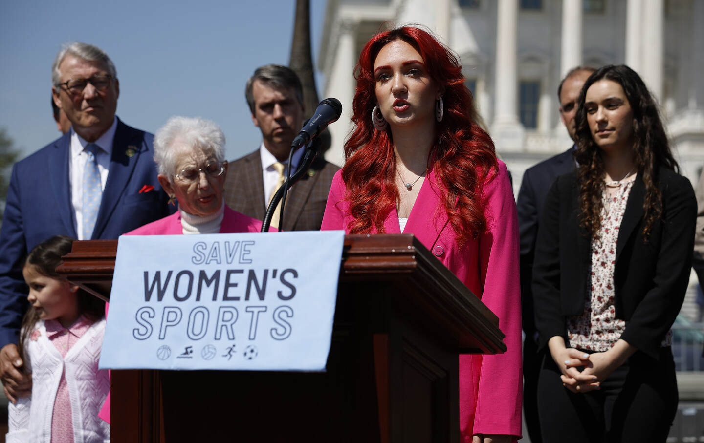 Track and field athlete Selina Soule speaks during an event celebrating the House of Representatives’ passing the Protection of Women and Girls in Sports Act outside the US Capitol on April 20, 2023, in Washington, D.C. President Joe Biden has promised to veto the legislation, which defines sex as “based solely on a person’s reproductive biology and genetics at birth” and would ban all transgender women and girls from competing in female school sports.