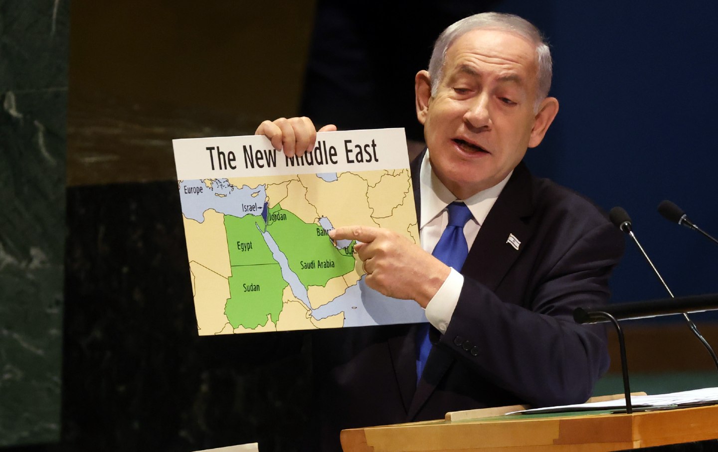 During a speech before the United Nations General Assembly on September 22, 2023, Prime Minister Benjamin Netanyahu holds up a map that shows Israel stretching “from the river to the sea.”
