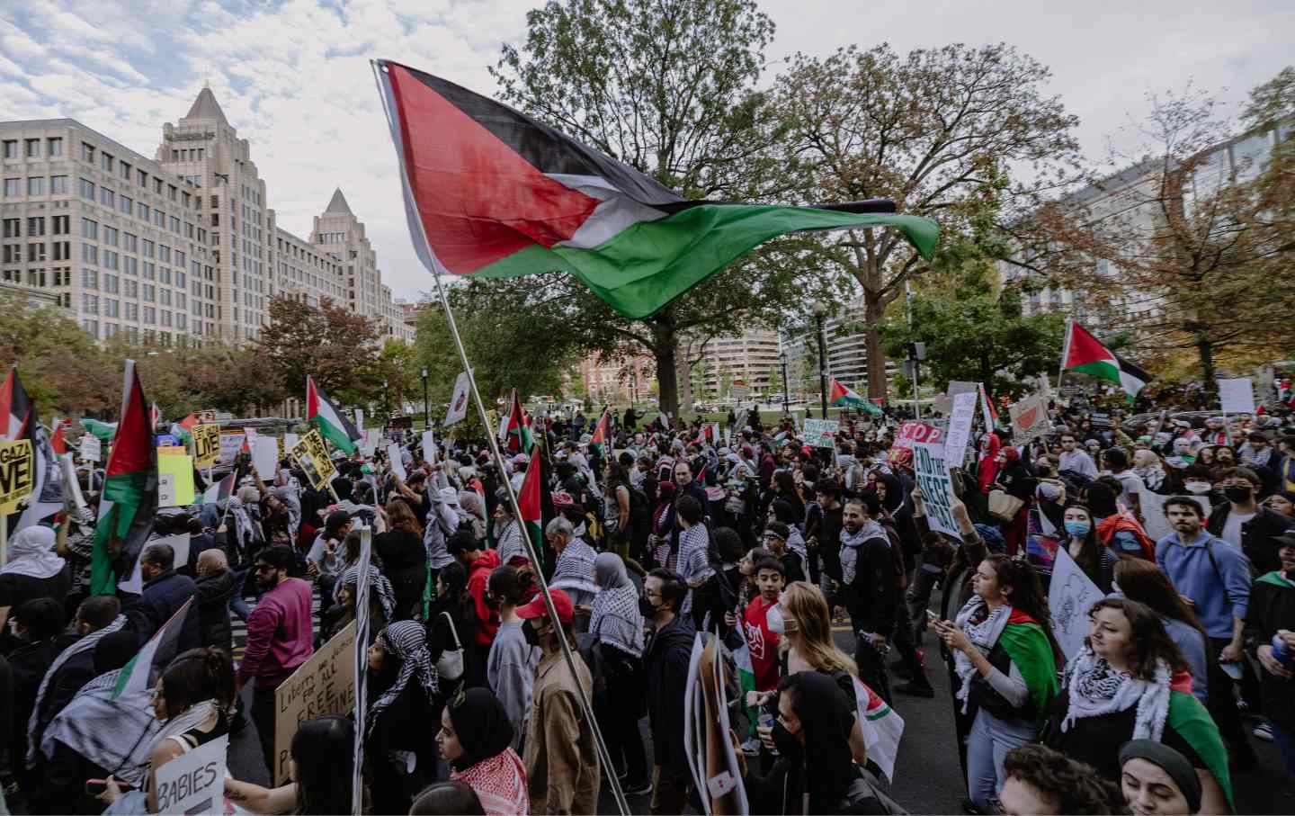 Thousands of people supporting Palestinian rights and demanding a cease-fire in the Gaza Strip as well an end to American aid to Israel protest on Pennsylvania Avenue in Washington on Saturday, November 4, 2023.