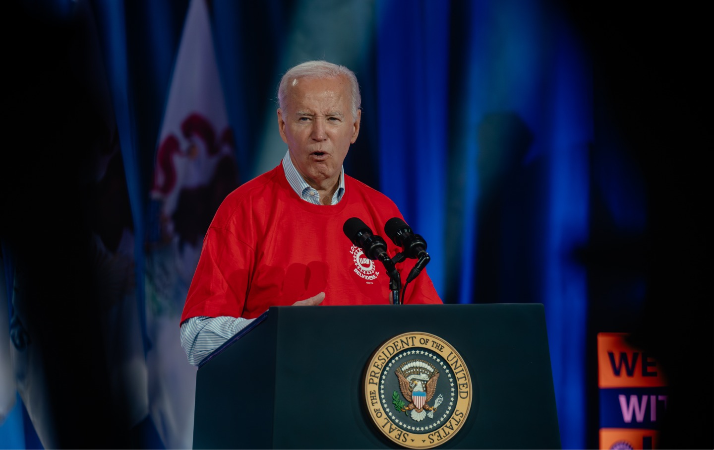 US President Joe Biden speaks during an event at the Community Building Complex of Boone County in Belvidere, Illinois, US, on Thursday, Nov. 9, 2023.