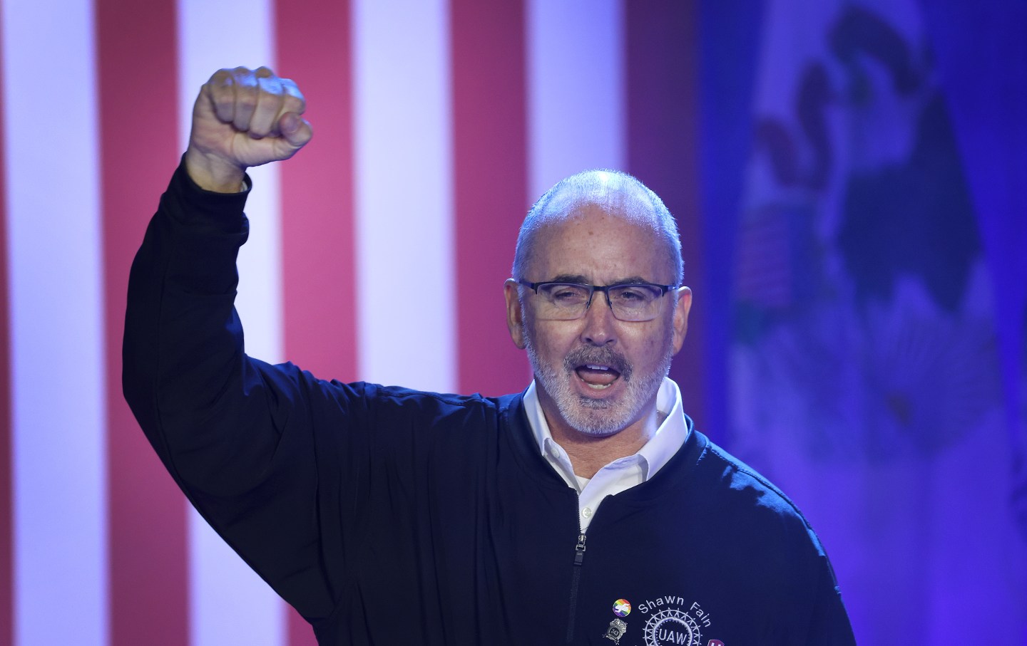 United Auto Workers (UAW) President Shawn Fain speaks to auto workers before the arrival of President Joe Biden at the Community Complex Building on November 09, 2023 in Belvidere, Illinois.
