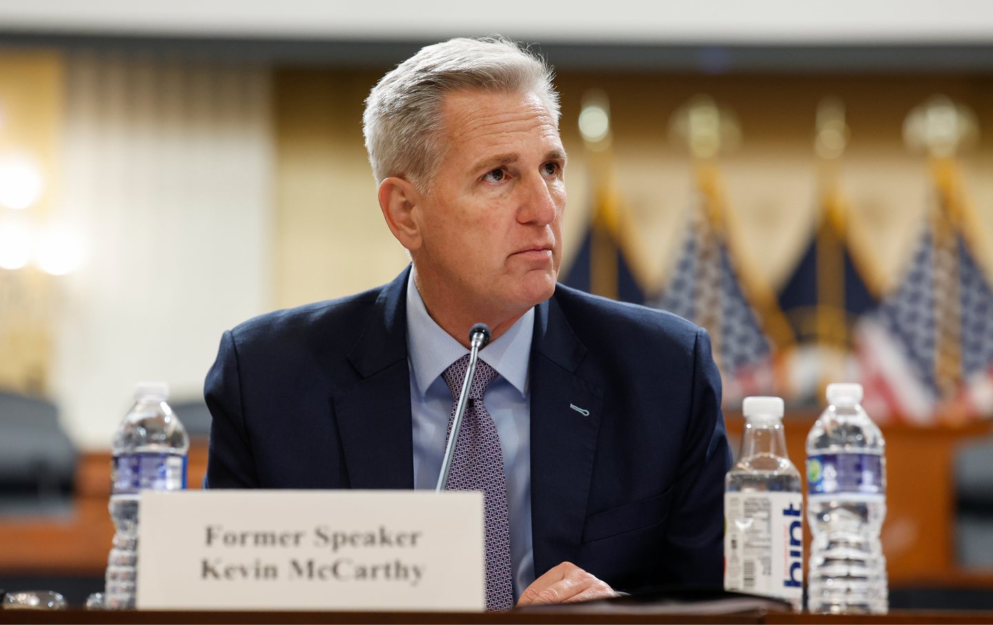 Former Speaker of the House Rep. Kevin McCarthy (R-CA) listens during a press conference with members of the House Select Committee on the Chinese Communist Party at the Cannon House Office Building on November 15, 2023.