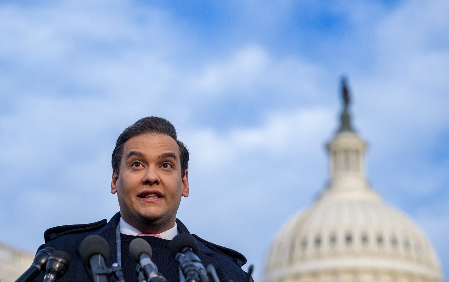 George Santos speaks during a press conference outside the US Capitol in Washington, DC, on November 30, 2023.