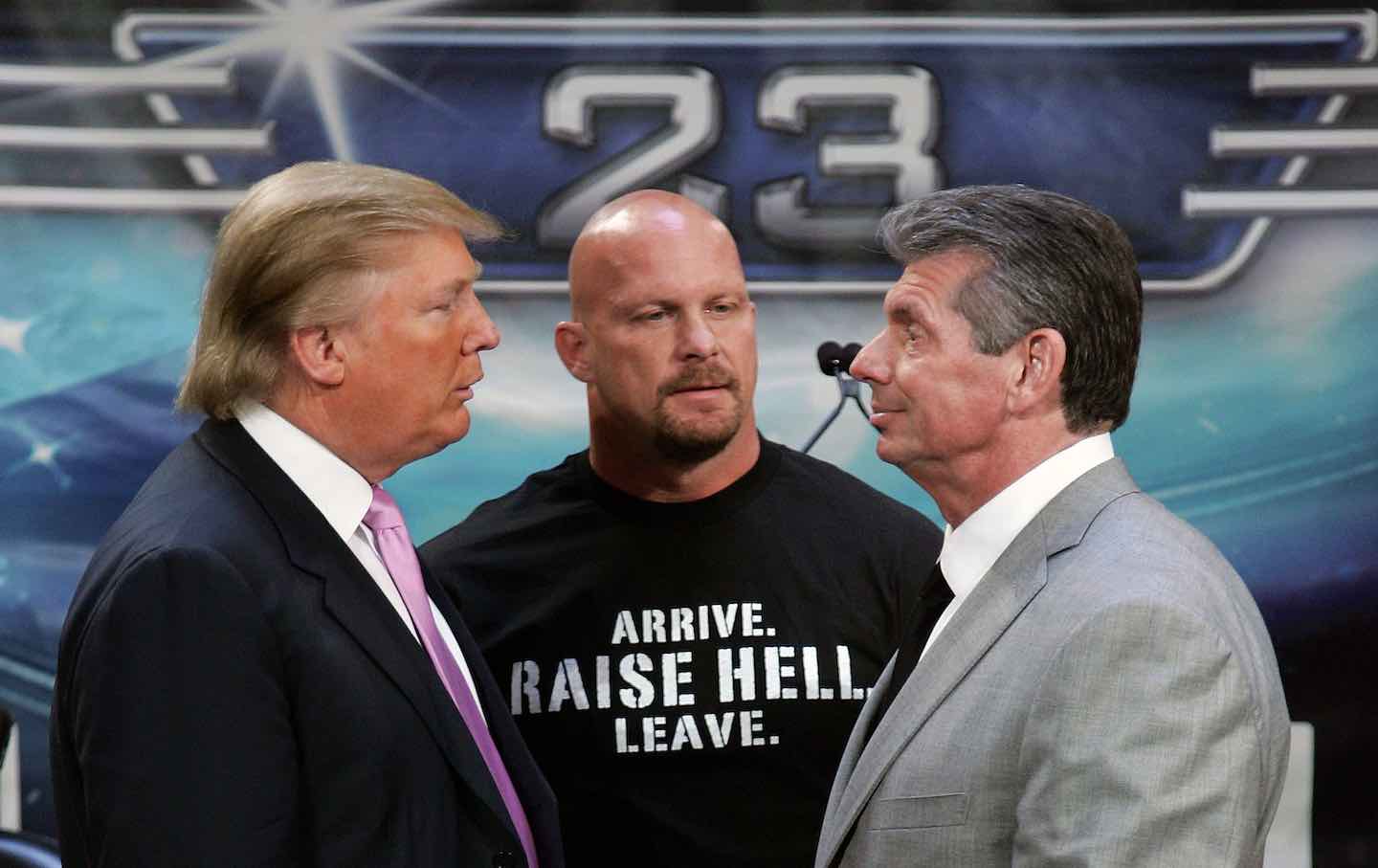 Donald Trump, “Stone Cold” Steve Austin, and Vince McMhaon at a press conference before Wrestlemania 23, 2007.