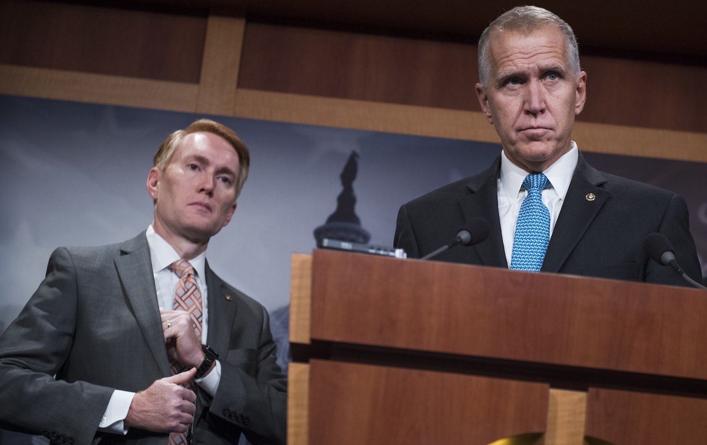 From left, Senators James Lankford (R-Okla.), Thom Tillis (R-N.C.), and Orrin Hatch (R-Utah) hold a news conference in the Capitol on the Succeed Act, which would create a pathway to citizenship for undocumented immigrants on September 25, 2017.
