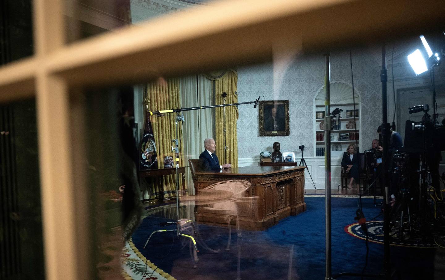 President Joe Biden delivers an address on the conflict between Israel and Gaza and the Russian invasion of Ukraine from the Oval Office in Washington, D.C., on October 19, 2023.
