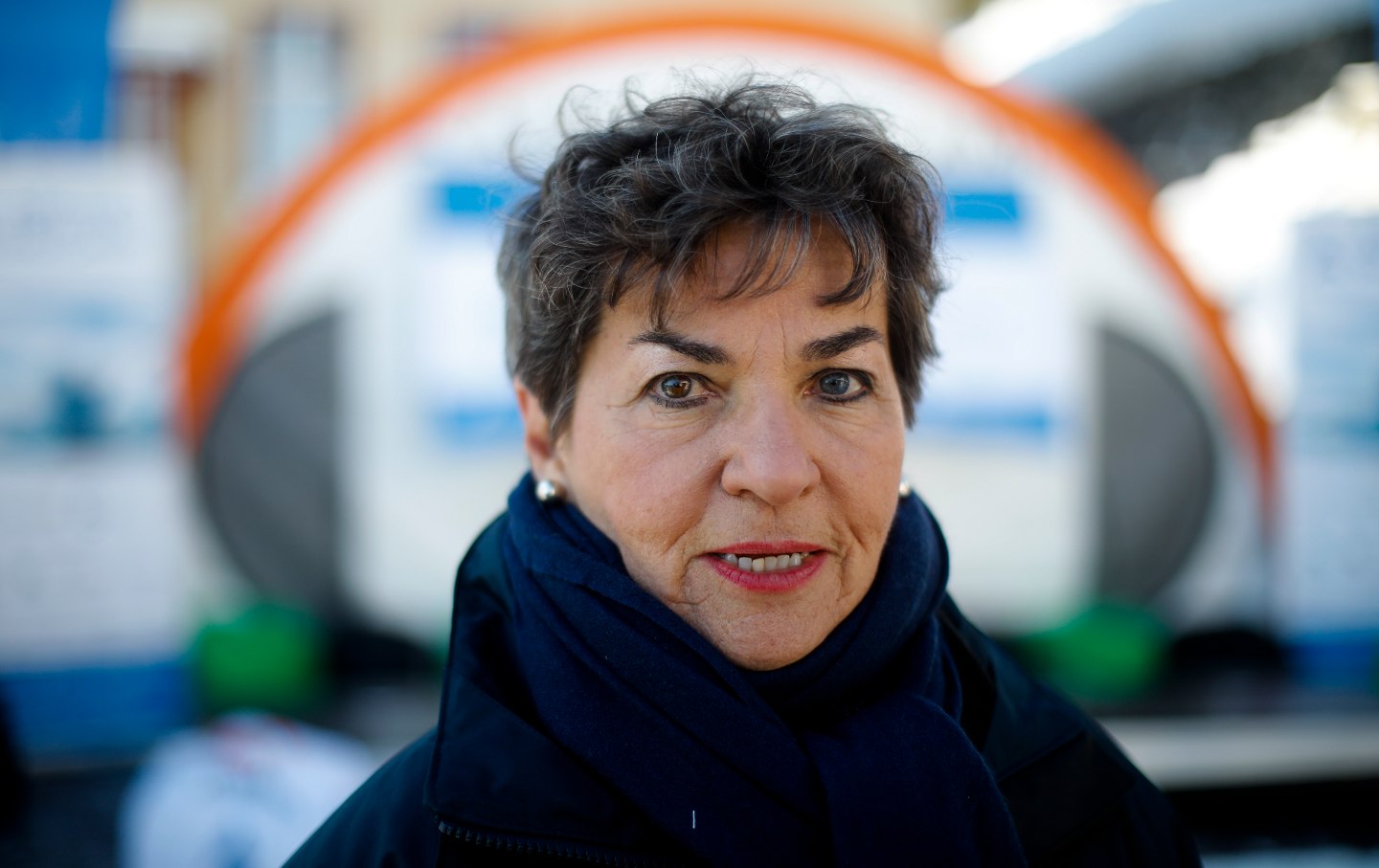 Christiana Figueres poses for a photo after an interview with the Associated Press prior to a news conference of "The Unite Behind The Science" campaign ahead of the World Economic Forum in Davos, Switzerland, January 20, 2020.