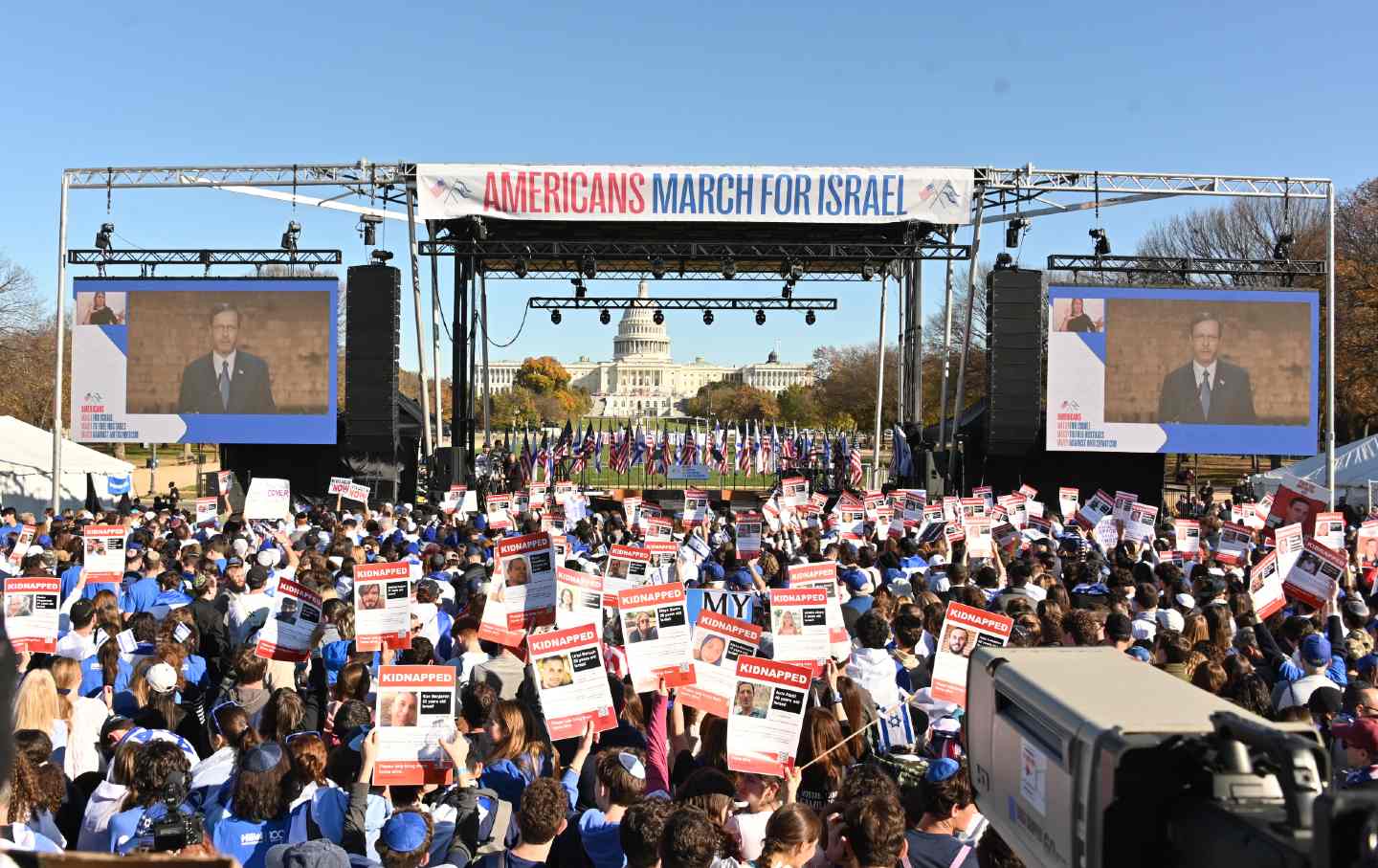 President of Israel Isaac Herzog speaks on video during the March For Israel at the National Mall on November 14, 2023, in Washington, D.C.