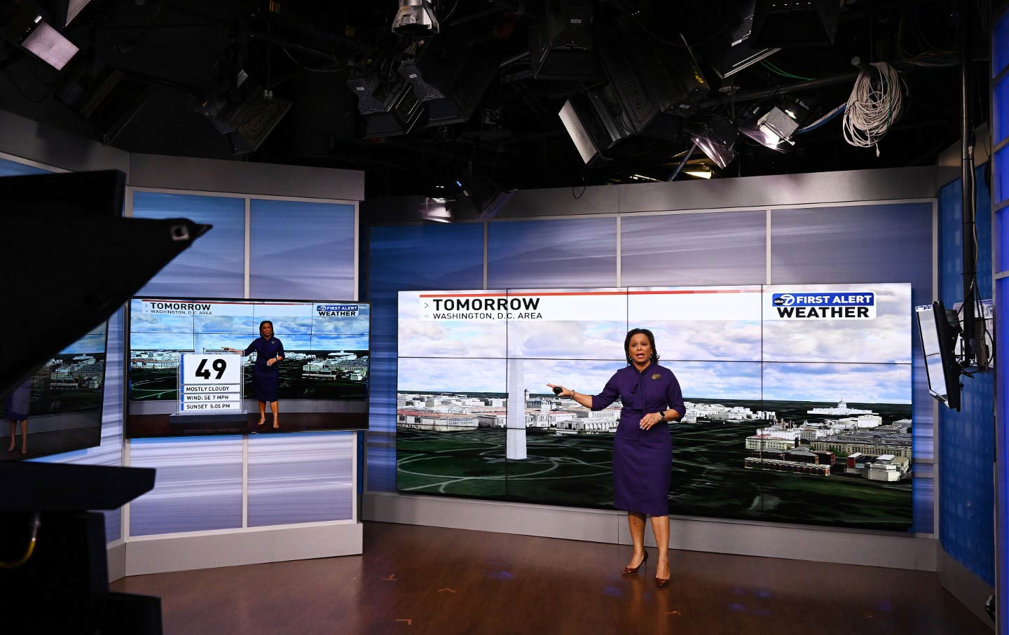 Veronica Johnson, chief meteorologist at WJLA, gives the weather forecast on air at the station on January 10, 2023, in Arlington, Va.