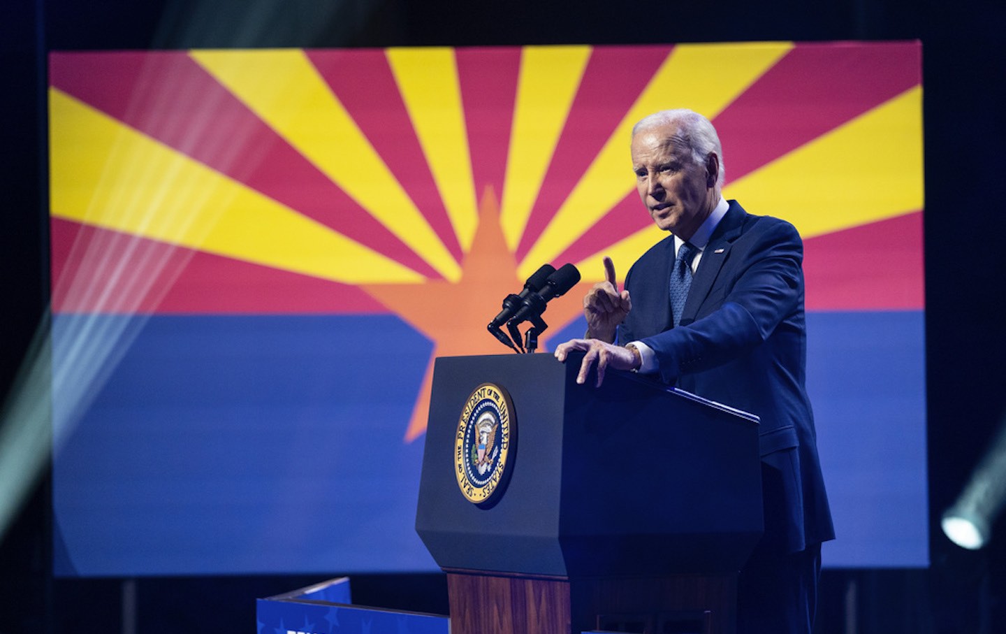 President Joe Biden delivers remarks on the late Senator John McCain at the Tempe Center for the Arts, Thursday, September 28, 2023, in Tempe, Ariz.