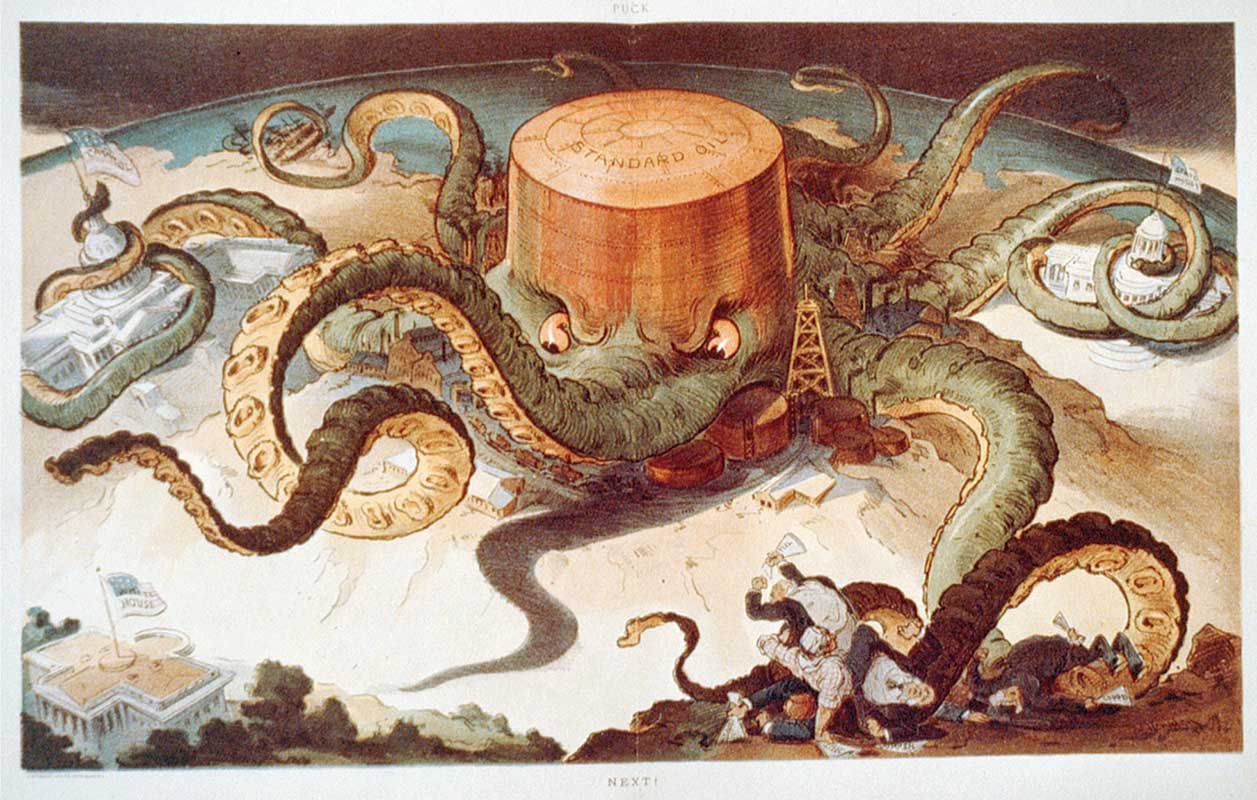 In this political cartoon published in 1904, “Standard Oil” wraps its many tentacles around industries, the US Capitol, and the White House.
