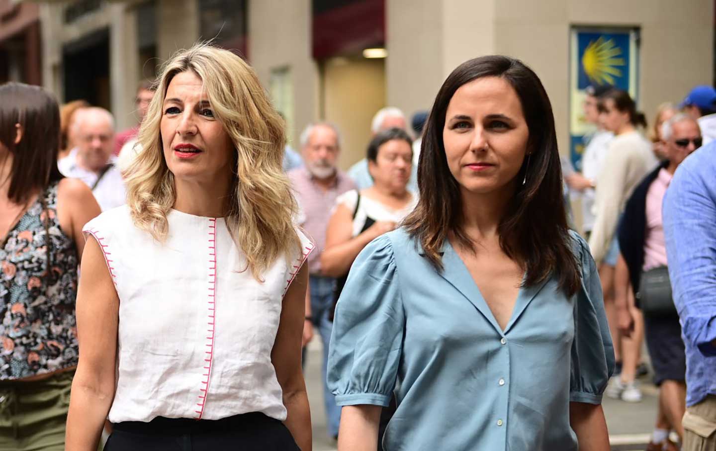 The leader of Sumar, Yolanda Diaz, and the general secretary of Podemos, Ione Belarra, during a walk with the candidates for Congress and Senate, before a public act of Sumar, on 17 July, 2023 in Pamplona, Navarra, Spain.