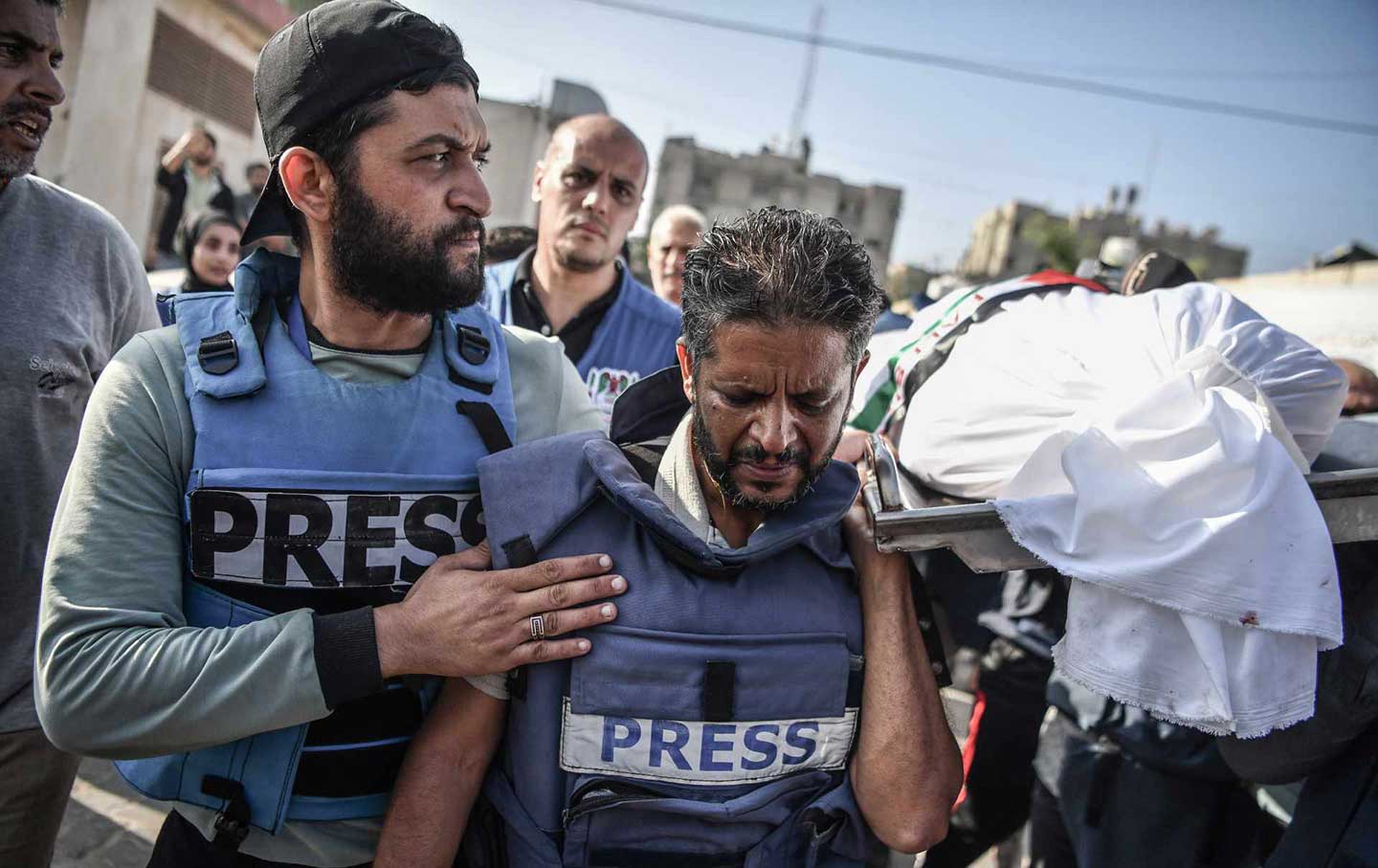 A funeral ceremony is held for Palestine TV correspondent Mohammed Abu Hatab, who was killed along with his family members in an air strike on his home in Khan Yunis, Gaza, on November 3, 2023.