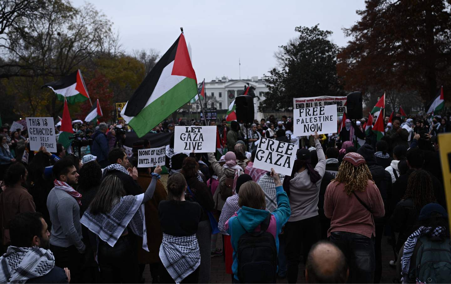 Demonstrators gather in front of the White House during a rally in support of Palestinians in Washington, D.C., on December 2, 2023.