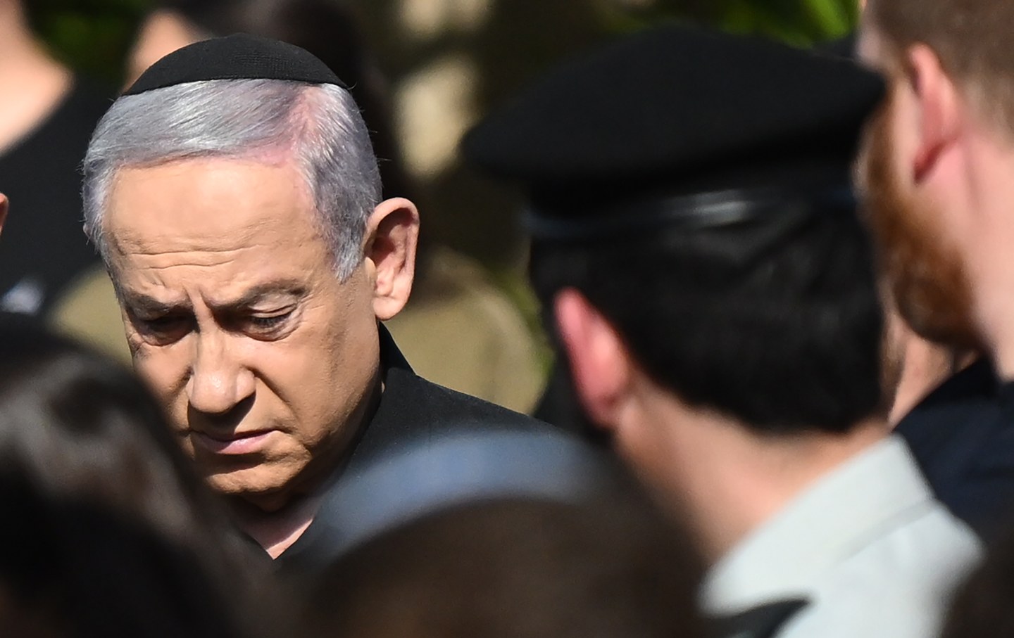 Israeli Prime Minister Benjamin Netanyahu attends the funeral for Sgt. Maj. Gal Meir Eisenkot at the Herzliya cemetery on December 8, 2023.