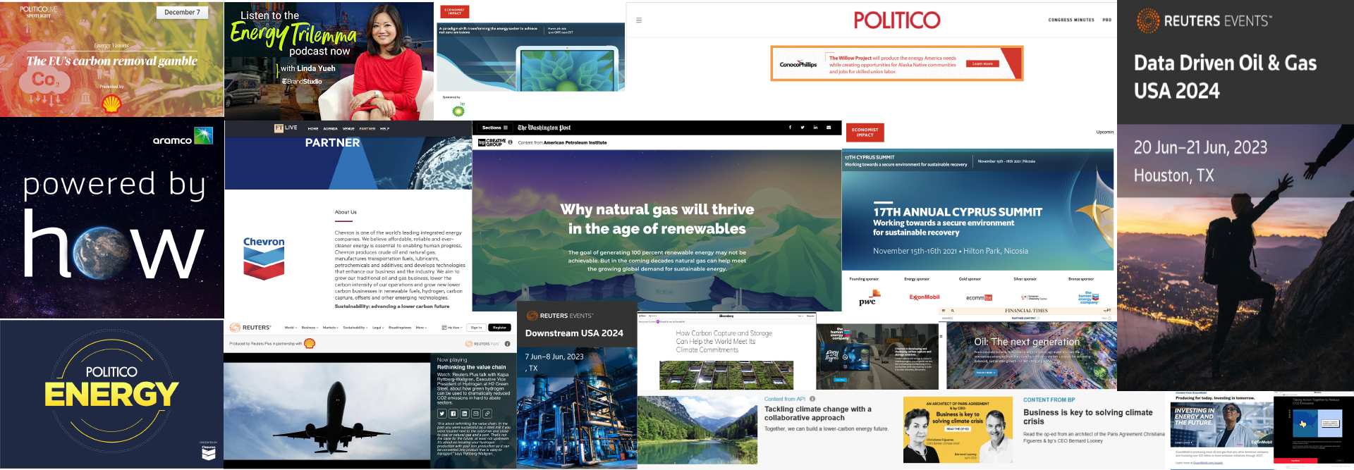 A collage of fossil-fuel advertorials.