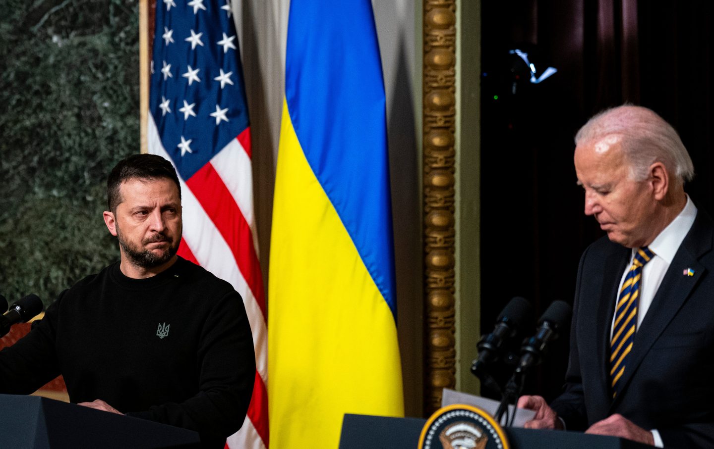 US President Joe Biden, right, and Ukrainian President Volodymyr Zelensky during a news conference in the Indian Treaty Room on the White House complex, in Washington, D.C., on Tuesday, December 12, 2023.
