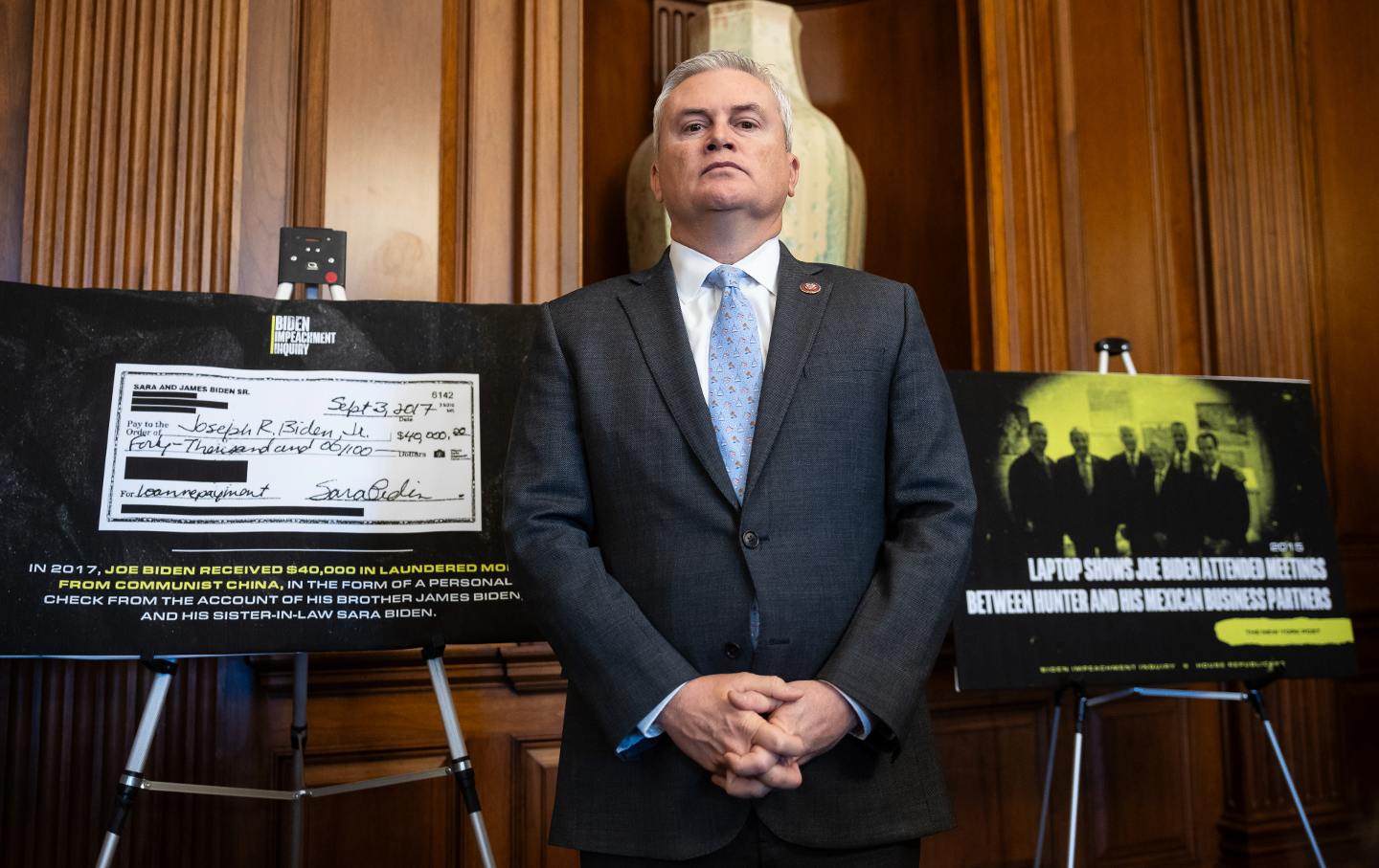 House Oversight and Accountability Committee Chair James Comer (R-Ky.) looks on during a press conference on House Republicans' impeachment inquiry into President Biden at the US Capitol on November 29, 2023.