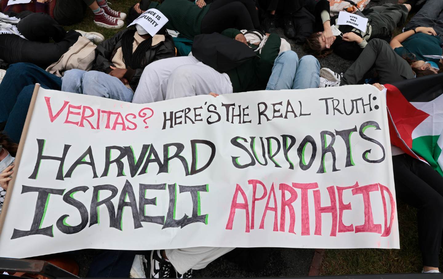 A pro-Palestinian protest of Harvard students and their supporters ends on the lawn behind Klarman Hall, at Harvard Business School, after starting in the Old Yard by Massachusetts Hall.