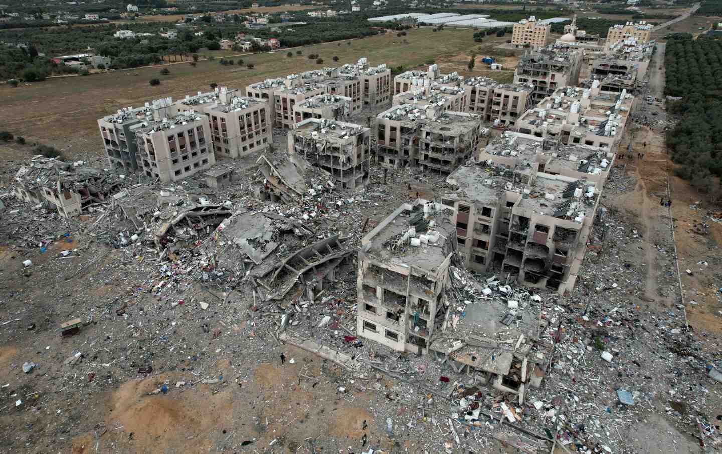 An aerial view shows the destruction caused by Israeli strikes in Wadi Gaza, in the central Gaza Strip, on November 28, 2023, amid a truce in battles between Israel and Hamas.