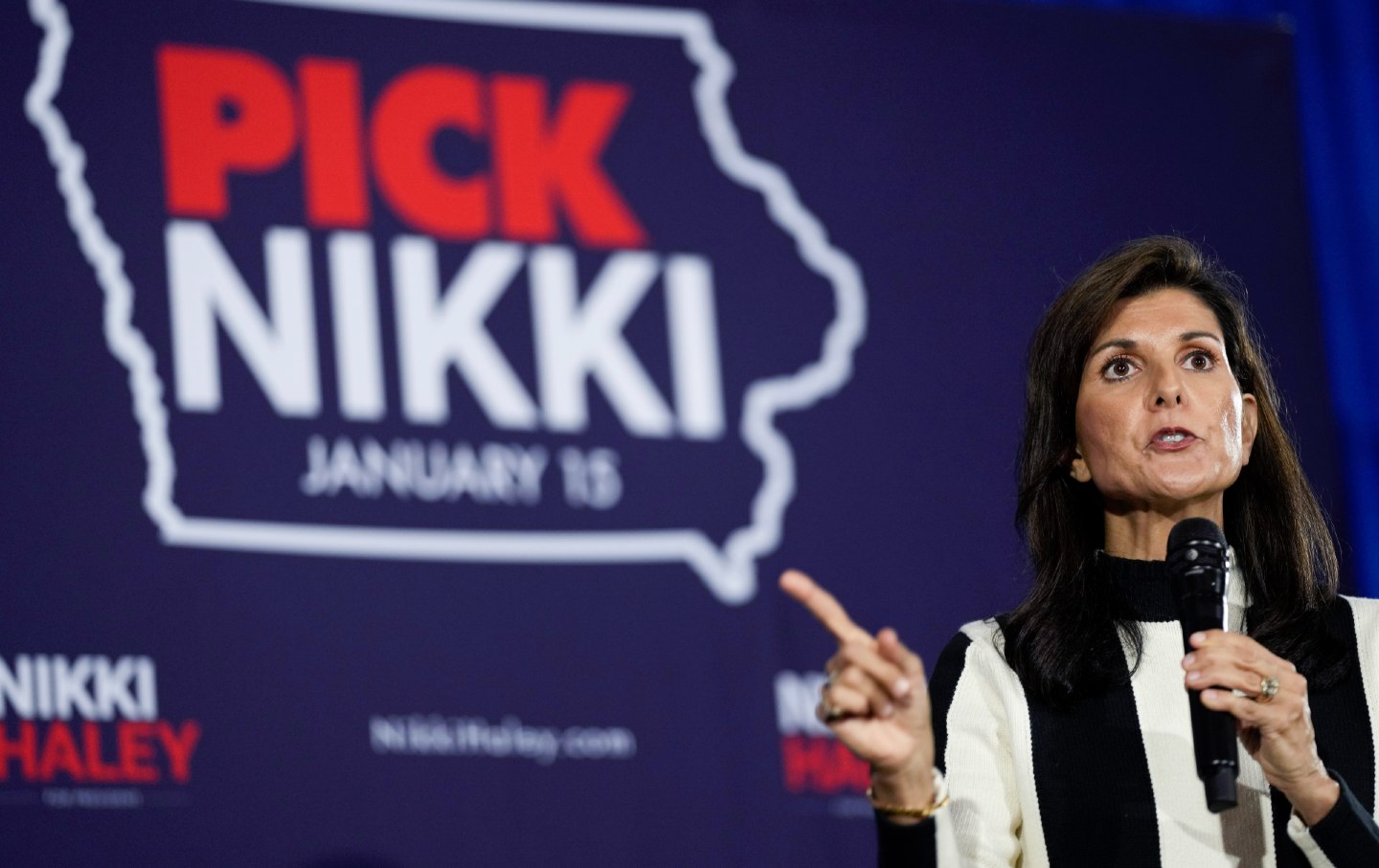 Republican presidential candidate Nikki Haley speaks during a town hall, December 8, 2023, in Sioux City, Iowa.