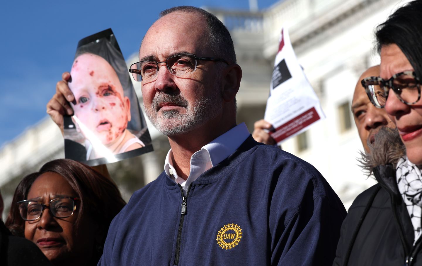 Shawn Fain, president of the United Automobile Workers, joins lawmakers at a press conference calling for a cease-fire in the Middle East outside of the Capitol on December 14, 2023.