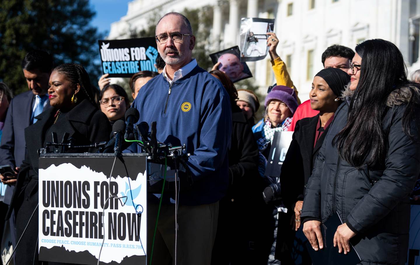 United Auto Workers president Shawn Fain speaks during the press conference with union leaders and supporters of a cease-fire in Gaza outside the US Capitol on Thursday, December 14, 2023.