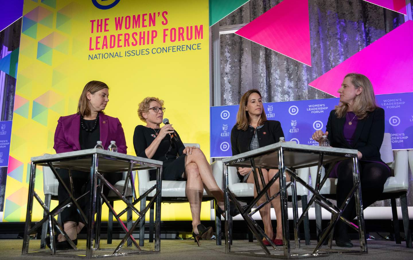 From left, Representatives Elissa Slotkin, Chrissy Houlahan, Mikie Sherrill, and Abigail Spanberger participate in a panel discussion during the DNC Women's Leadership Forum conference in Washington, D.C., on October 17, 2019.