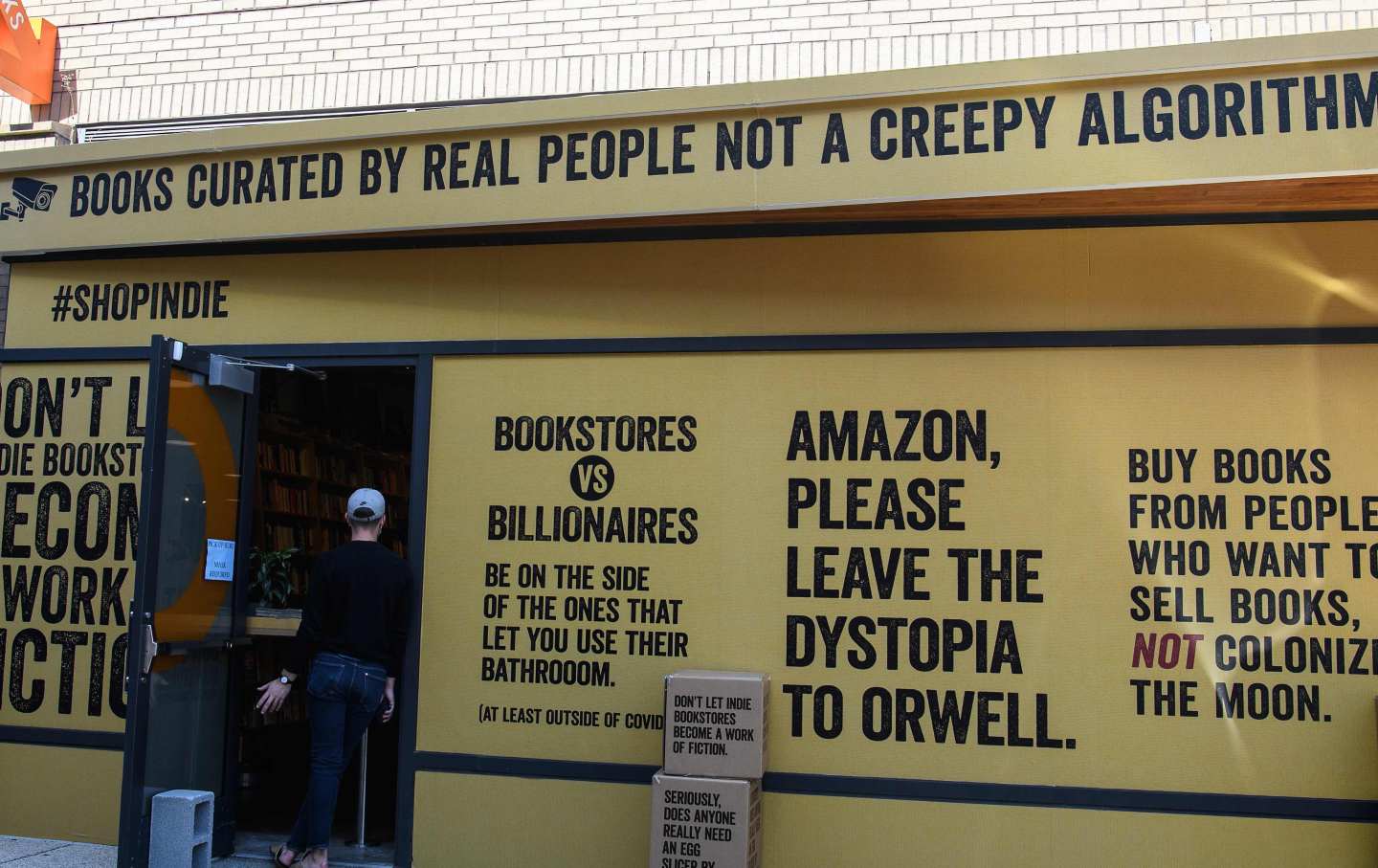 An anti-Amazon ad campaign, sponsored by the American Booksellers Association, at a Washington, D.C., independent bookstore.