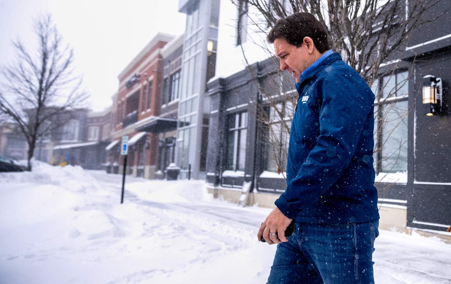 Republican presidential candidate Florida Gov. Ron DeSantis departs after speaking at a Northside Conservatives Club Meeting at The District in Ankeny, Iowa, Friday, Jan. 12, 2024.