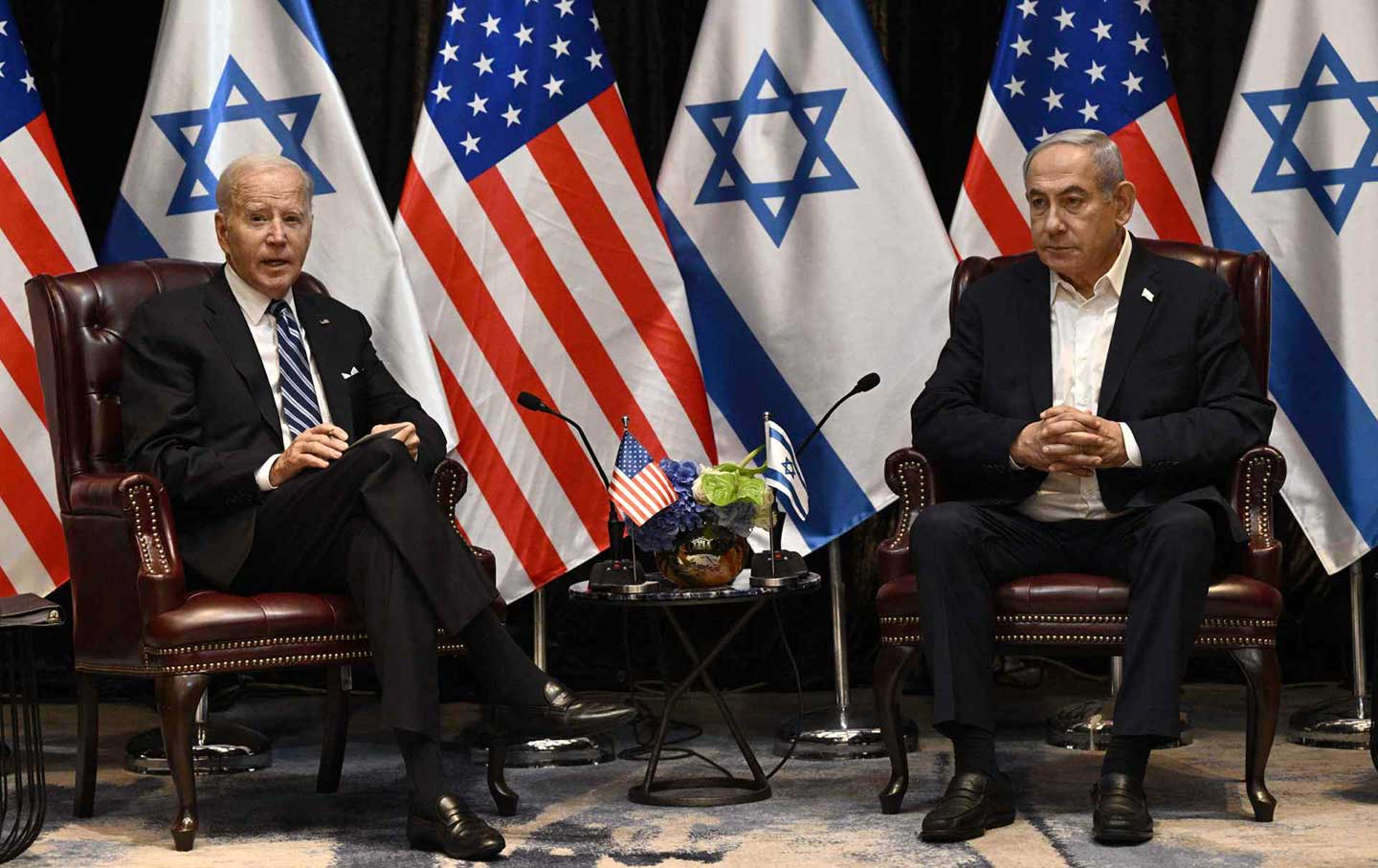 President Joe Biden (L) and Prime Minister Benjamin Netanyahu meet in Tel Aviv, Israel, on October 18, 2023.