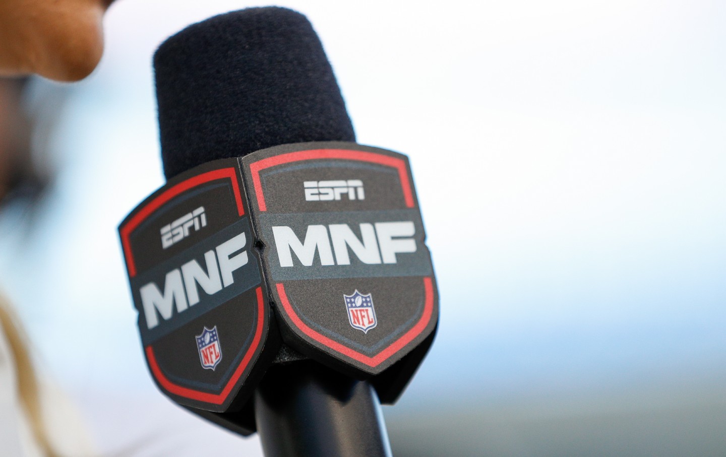 An ESPN microphone before the NFL game between the Los Angeles Rams and the Cincinnati Bengals on September 25, 2023, in Cincinnati, Ohio.